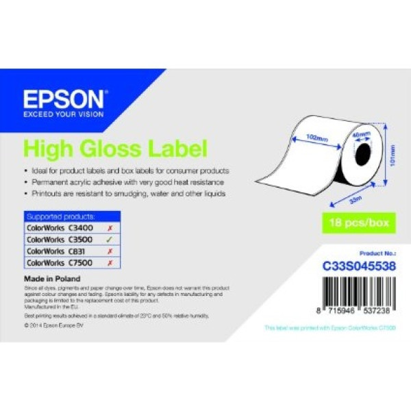 Rollo etiquetas EPSON High Gloss Label ColorWorks C3400 C3500 C831 C7500 - 102mm x 33m. (continua)