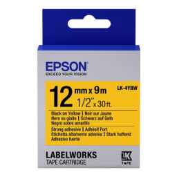 C.12mm EPSON Labelworks negro s/amarillo 9m. adhesivo fuerte (LC-4YBW9) LW300/LW400/LW900P