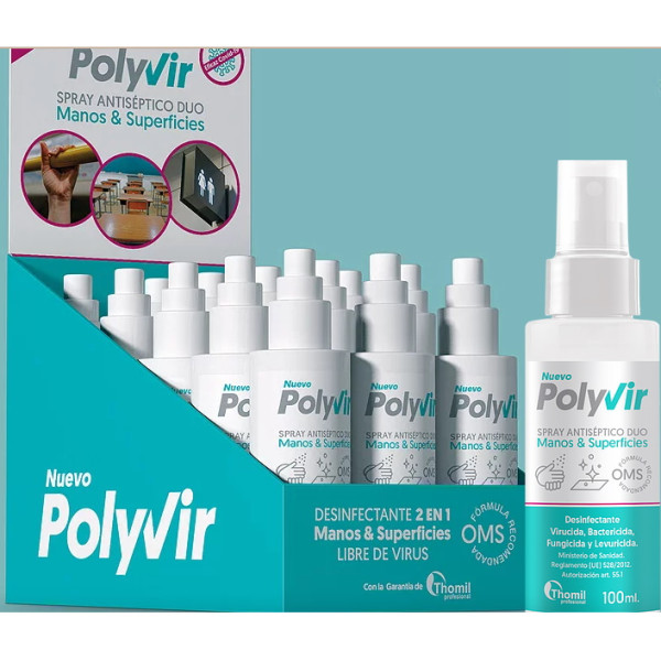 Spray POLYVIR desinfectante 2en1 Manos+Superficies 100ml. antiséptico, eficacia virucida bactericida