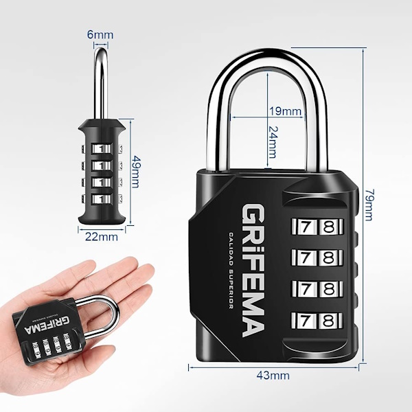 GRIFEMA candado con combinación de 4 dígitos resistente acero/zinc, grosor 6mm, arco alt.normal