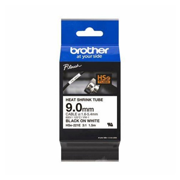 Cinta 9mm BROTHER HSe negro sobre blanco tubo termorretráctil Ø 1,6mm a 5,4mm