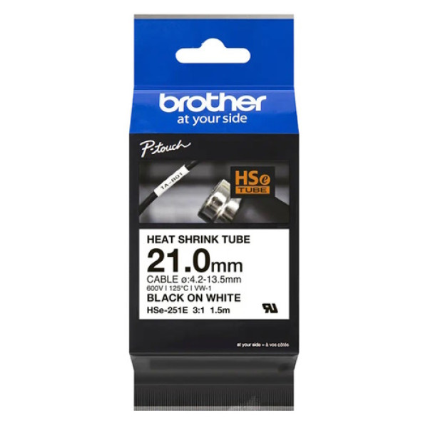 Cinta 23,6mm BROTHER HSe negro sobre blanco tubo termorretráctil Ø 7,3mm a 14,3mm