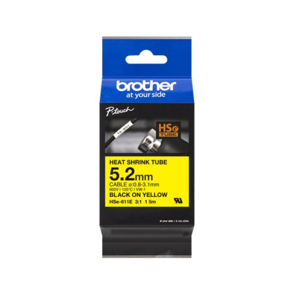 Cinta 5,2mm BROTHER HSe negro sobre amarillo tubo termorretráctil Ø 0,8mm a 3,1mm