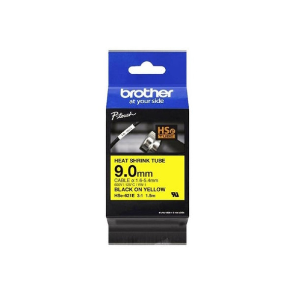 Cinta 9mm BROTHER HSe negro sobre amarillo tubo termorretráctil Ø 1,6mm a 5,4mm