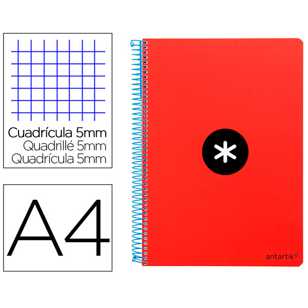 Cuaderno ANTARTIK espiral folio tapa roja 100gr. 80h cuadrícula 4mm con margen