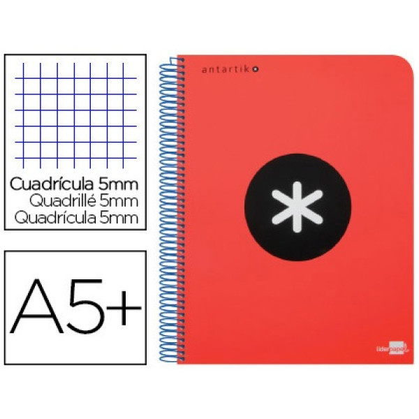 Cuaderno ANTARTIK espiral A5 tapa roja 100gr. 80h cuadrícula 4mm con margen