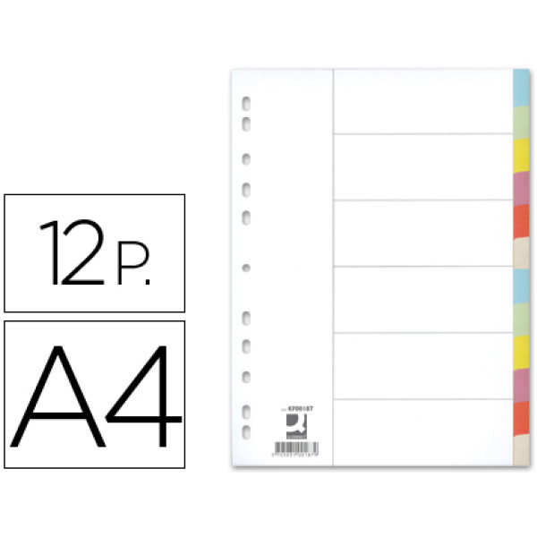 Separador Q-CONNECT cartulina DIN A4 12 sep.  multitaladro