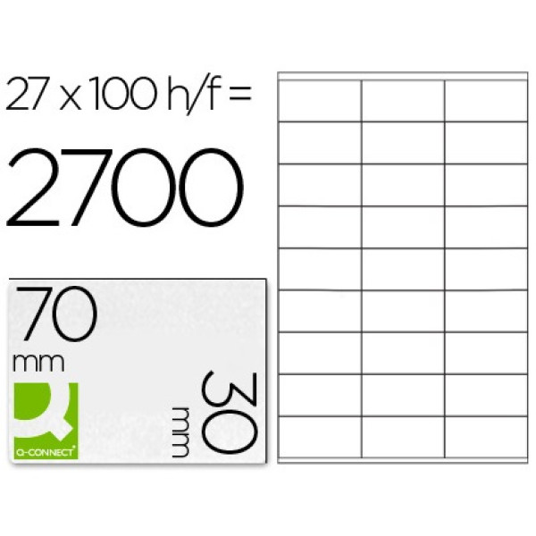 Etiqueta adhesiva Q-CONNECT 70x30mm DIN A4 100h x 27et/h =2.700et.  copy/laser/inkjet