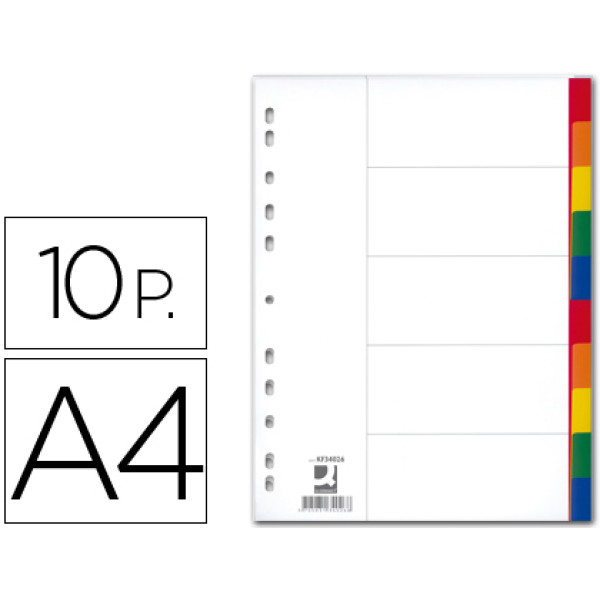 (10) Separadores Q-CONNECT plástico DIN A4 multitaladro, plástico 125micras, colores