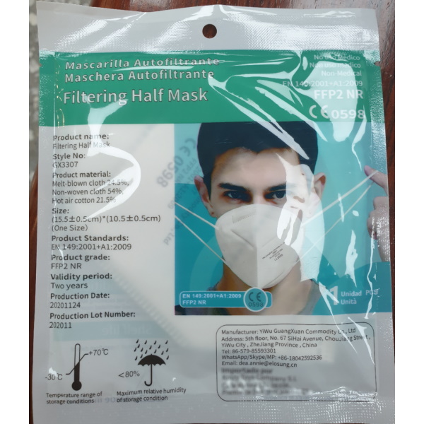 Mascarilla desechable FFP2 de 5 capas filtrac.95% protección superior (KC9652) - blister individual