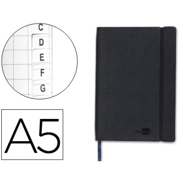 Libreta LIDERPAPEL simil piel negro tamaño A5 120 hojas 70g/m2 cuadrícula 4mm con índice