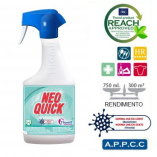 NEOQUICK desinfectante hidroalcohólico en spray de 750ml para superficies, bactericida y virucida