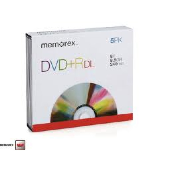 (5) DVD+R DL MEMOREX 8,5GB 8x Dual Layer * Doble capa, JEWEL FJC *