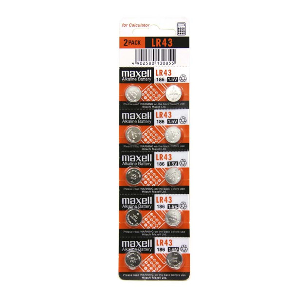 (2) Pila MAXELL alcalina botón LR43 AG12 1.5v Blister de 5 pack de 2 unidades (Tasa incluida)