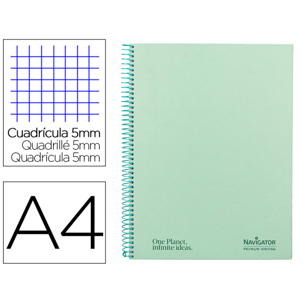 Cuaderno NAVIGATOR espiral A4 Micro Menta 80gr. 120h 5 mm 4 taladros. Cadriculado