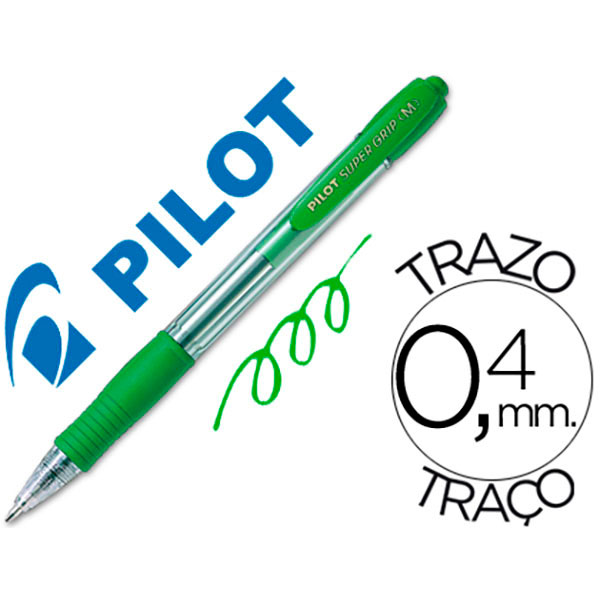 Bolígrafo PILOT Super Grip retráctil verde Cuerpo VerdeTinta aceite. Trazo 0,4mm. Medium 1.0.