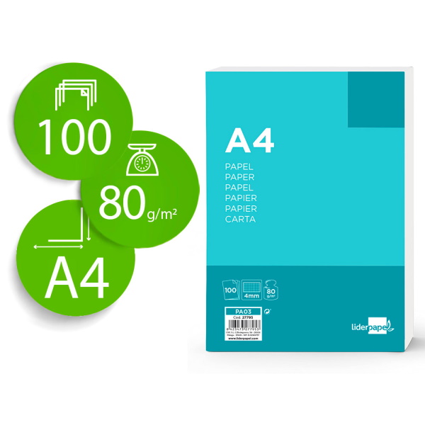 Papel LIDERPAPEL 100h. A4 sin taladros cuadro 4 mm 80gr.