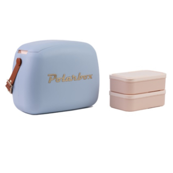 PolarBox CoolerBag 6L Urban classi Azul Bruma/Gold +2 tuppers, diseño retro y asa piel (01.06CB-FO)