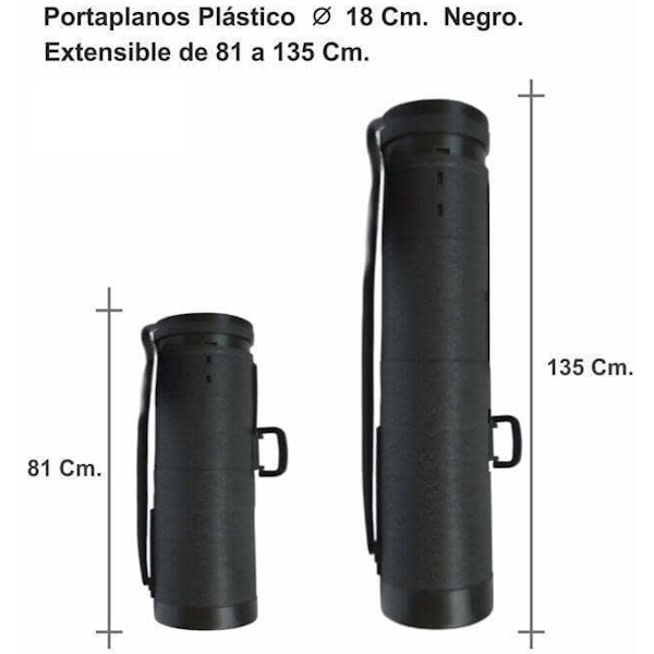 Tubo portaplanos diámetro 18cm extensible de 81cm a 135cm, plástico negro con correa