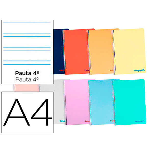 Cuaderno LIDERPAPEL espiral A4 tapa plástico 90gr. 80h pauta ancha 3,5mm con margen.