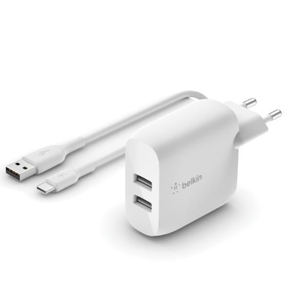 DUAL USB-A CHARGER 1M A-C 24W WHT