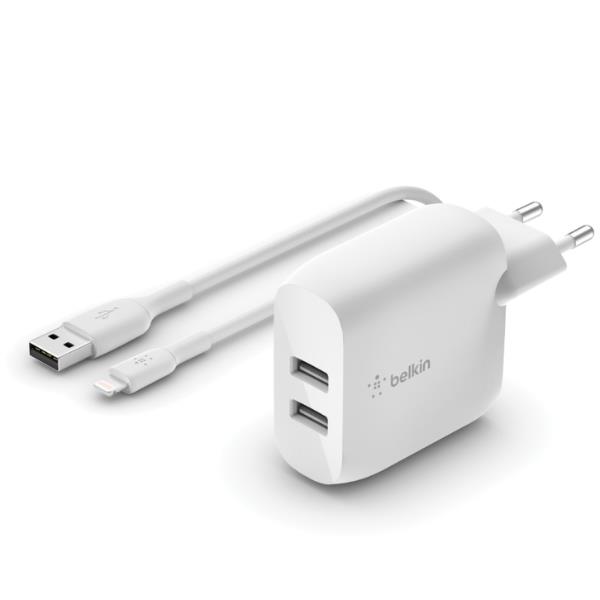 DUAL USB-A CHARGER 1M A-LTG 24W WHT